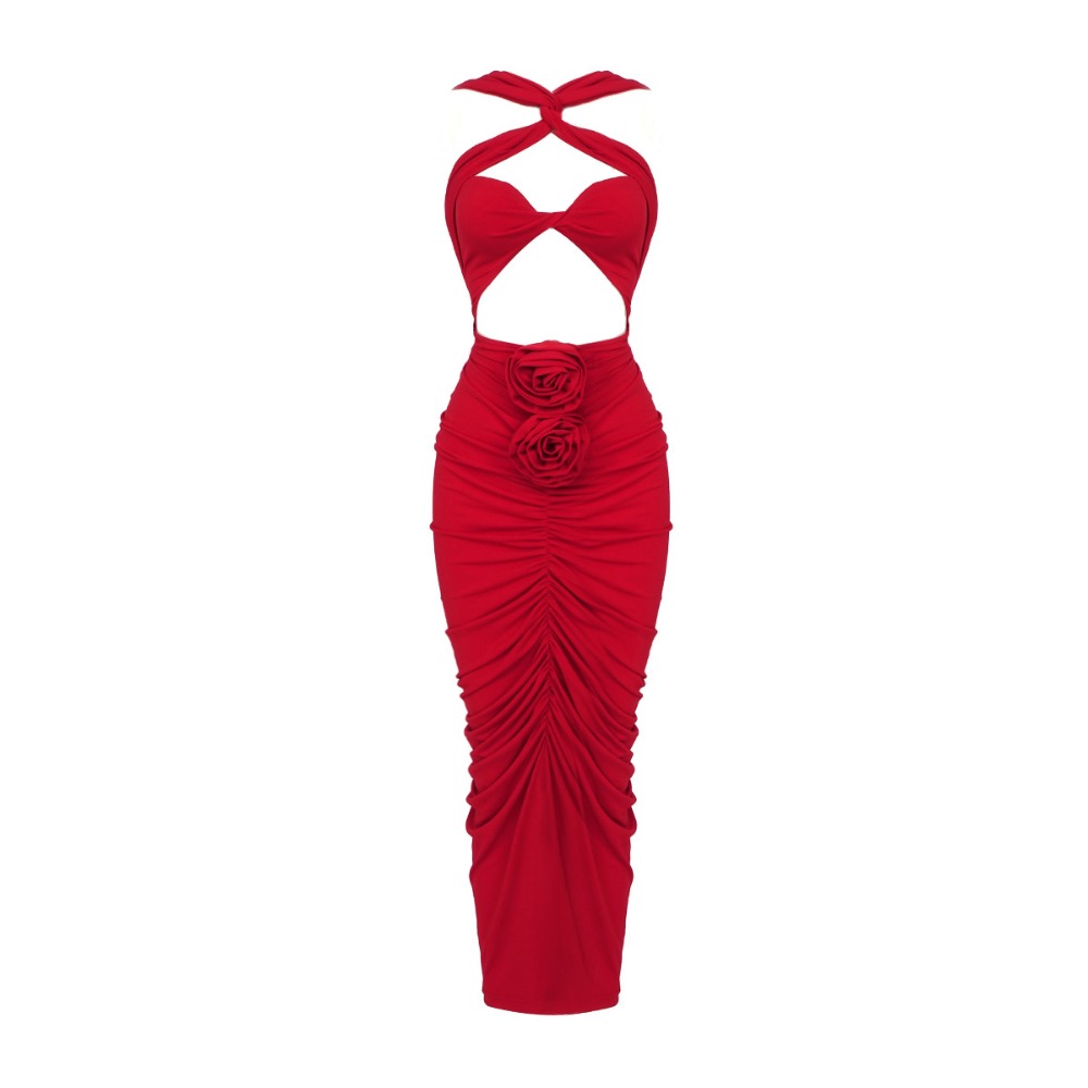 Vintage Fashion Events - ヴィンテージレッドホルターネックドレス、3Dローズフラワーカットアウト、ルーシュ加工ボディコンガウン、女性用セクシーカクテルパーティー卒業式プロムイベントウェア
