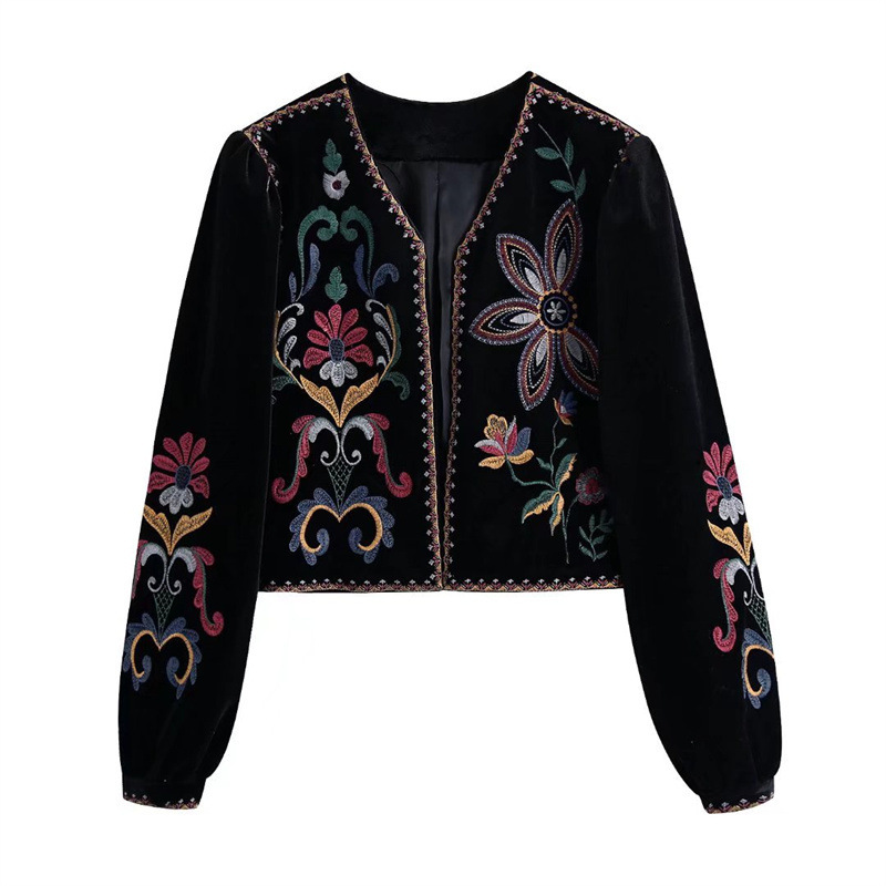 Crop Cardigan Vintage - レディース ヴィンテージ 花柄 刺繍 ベルベット クロップドジャケット