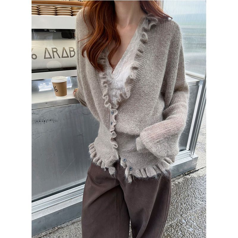 Crop Cardigan Vintage - 韓国風Vネックフリル付きスイート長袖カーディガン レディース 2026春新作 ハイストリート 無地カジュアルニットトップス