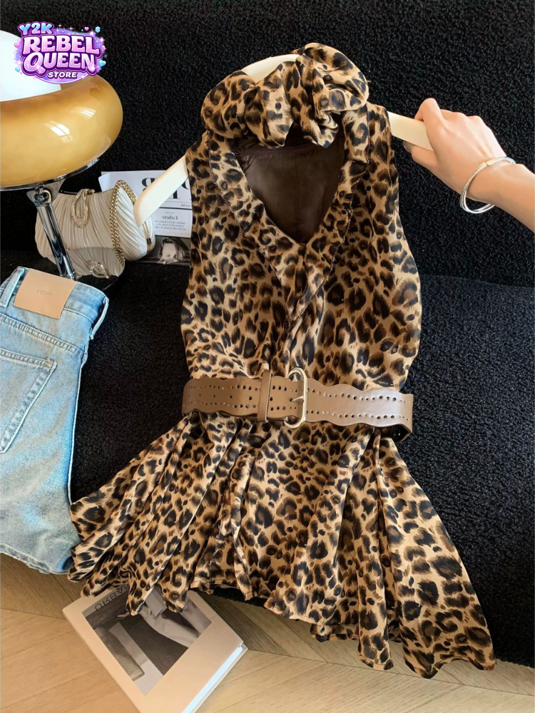 Vintage Fashion Look - Y2KフレンチヴィンテージポルカドットノースリーブVネックラッフルベルト付きスリムフィットブラウス女性用セクシー韓国ファッションカジュアルパーティールック2026