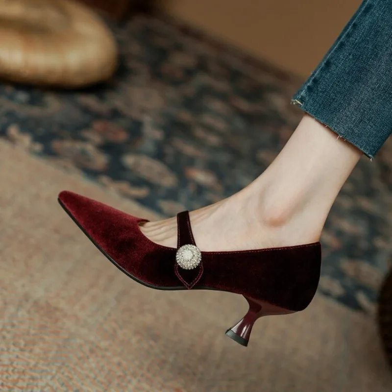 Vintage Fashion Heels - ワインレッド ポインテッドトゥ メリージェーンシューズ レディース ヴィンテージ ワンバックル