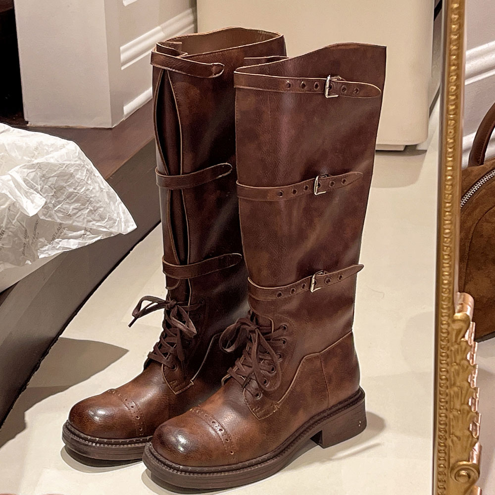 Vintage Fashion Heels - 女性のニーハイブーツヴィンテージベルトバックルデザイン女性のブーツファッションナイトブーツレザーロングチューブブーツボタスラルガスムジェ