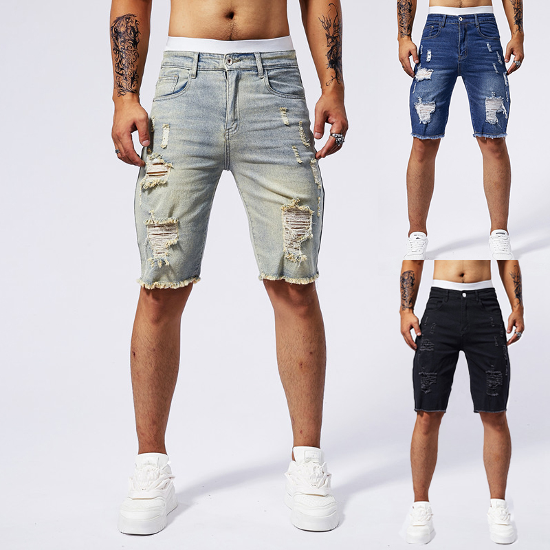 Vintage Fashion In 2025 - 2025 夏の新メンズリッピングデニムショーツファッションヴィンテージ穴ストリートストレッチスリム膝丈ショートパンツトレンディなブランド男性