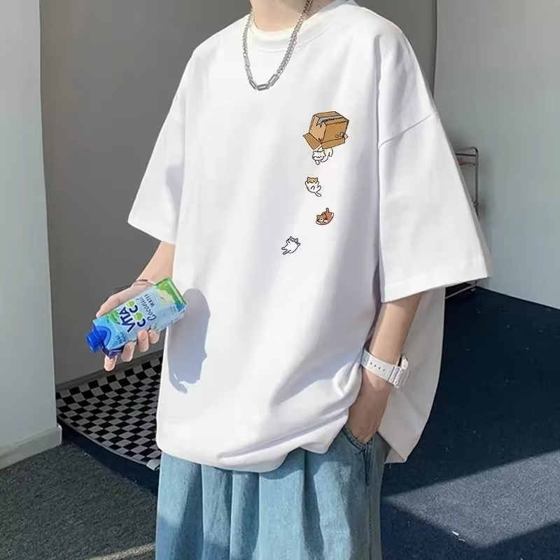 Vintage Fashion Outfits Men - M-4XL 男性特大韓国ファッションルーズアメリカンヴィンテージカートン子猫プリント半袖多用途トレンドカップル衣装