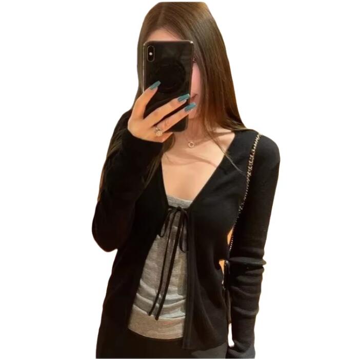 Crop Cardigan Vintage - 女性のニット薄手長袖カーディガン春秋ファッションヴィンテージ包帯セータージャケットカジュアルトップ女性用