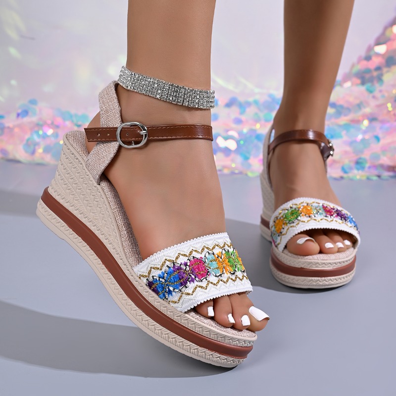 Vintage Fashion Heels - 夏のボヘミアンスタイル、編み込みデザインの女性用ヒールミュール、ヴィンテージ風アンクルストラップウェッジ、厚底レディースシューズ、サンダル（女性用）