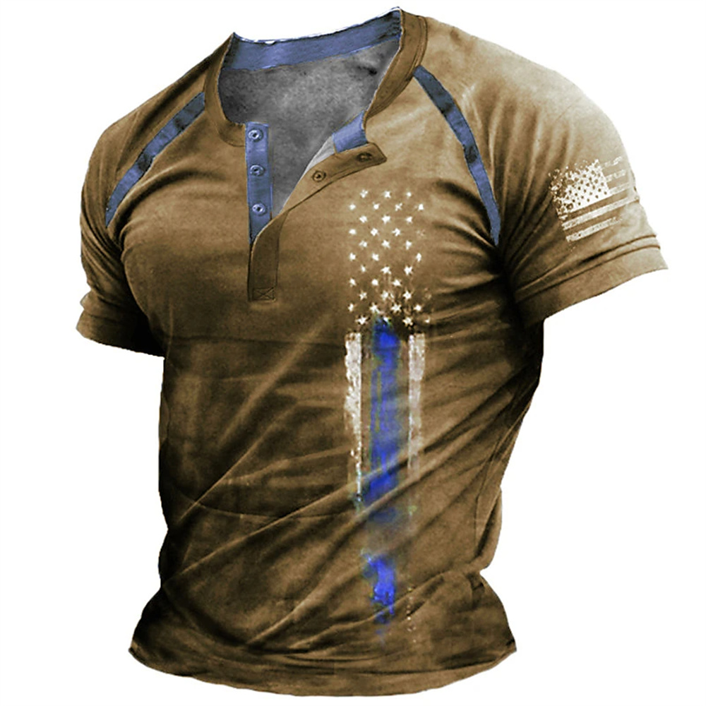 Vintage Fashion For Mens - 面白い 3D アメリカ国旗プリントメンズヘンリーシャツファッションヘンリーカラー半袖トップス夏ストリートヴィンテージ服カジュアル Tシャツ