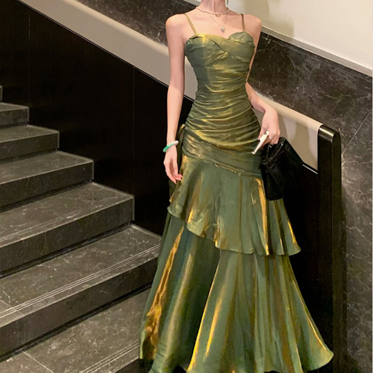 Vintage Fashion Events - 女性の夏の新しいエレガントなフリルマキシドレスライトラグジュアリーボディコンスリングフィッシュテールドレスヴィンテージパーティードレスプロムやイベント用