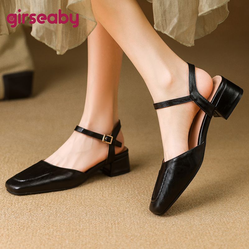 Vintage Fashion Heels - Girseaby 2025 女性のサンダルスクエアトゥ太いヒール 3.5 センチメートルバックルストラップヴィンテージデイリー夏の靴プラスサイズ 41