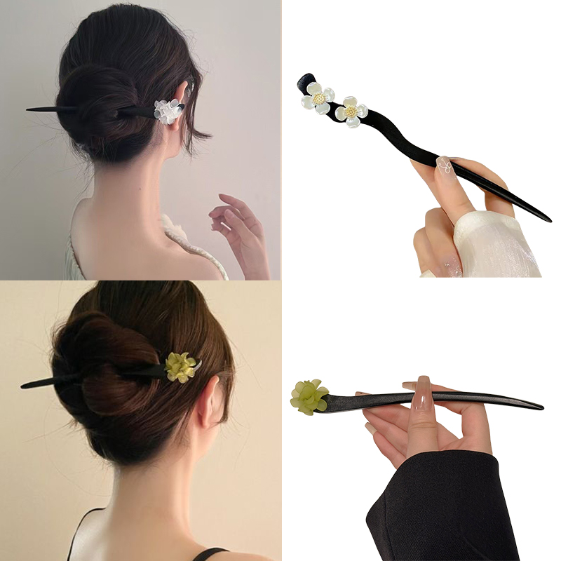 Vintage Fashion Words - ヴィンテージ中国風の木製花ヘアスティックパールヘアピンジュエリー女性のための気質ヘアアクセサリーウェディングスタイリング gif