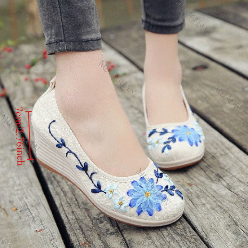 Vintage Fashion Heels - 刺繍入り女性用コンフォートウェッジプラットフォームシューズ、ファッションボウノットレディースハイヒールパンプス、ヴィンテージエスニック女性用ヒール付きフットウェア