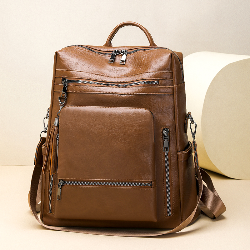 Vintage Fashion Look - ヴィンテージレザー風バックパックセット、多機能ソリッドカラーPU、大容量、多ポケット、調節可能なストラップ、デイリーバックパックに最適
