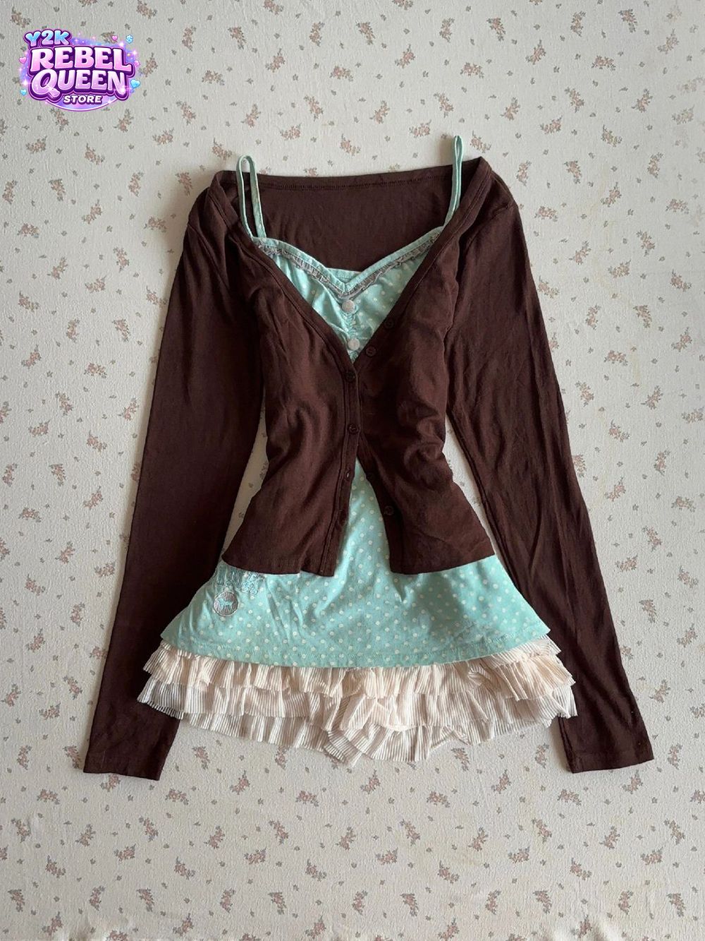 Crop Cardigan Vintage - ヴィンテージY2Kコケットキャミソールドレスセット レディース ポルカドット ラッフルヘム ミニスカート クロップドカーディガン