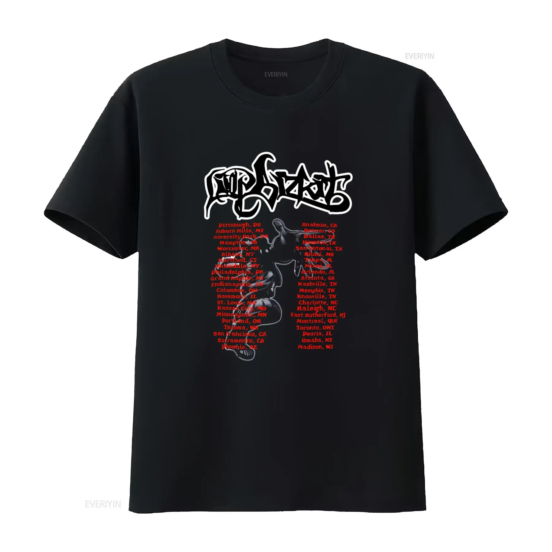 Vintage Fashion Ideas - リンプ・ビズキット・バンドツアー ブラックコットンTシャツ シティネームプリント入り ファン向けユニークなアイデア ヴィンテージウォッシュ加工 快適な着心地