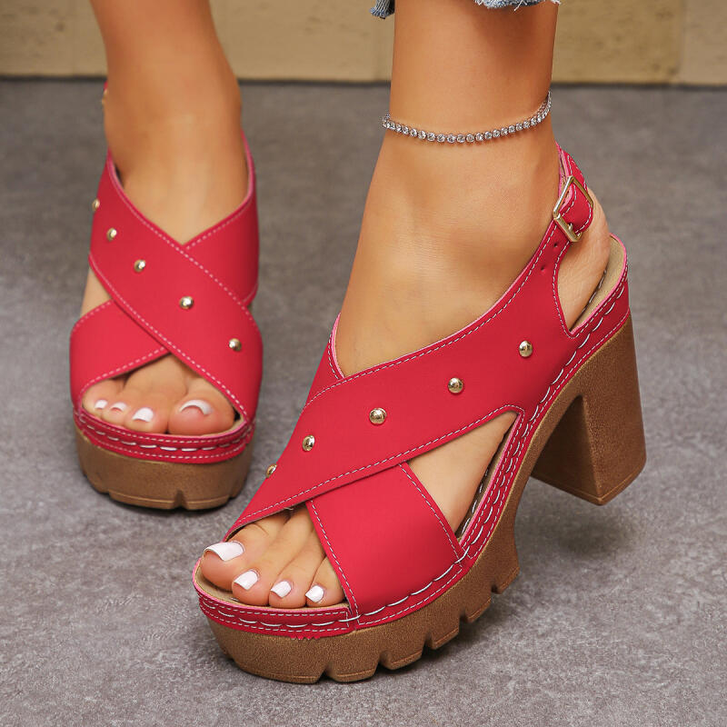 Vintage Fashion Heels - ヴィンテージスーパーハイヒールクロスストラップグラディエーターサンダル女性夏 2026 メタルリベットデザイナーアンクルストラップサンダル女性の靴
