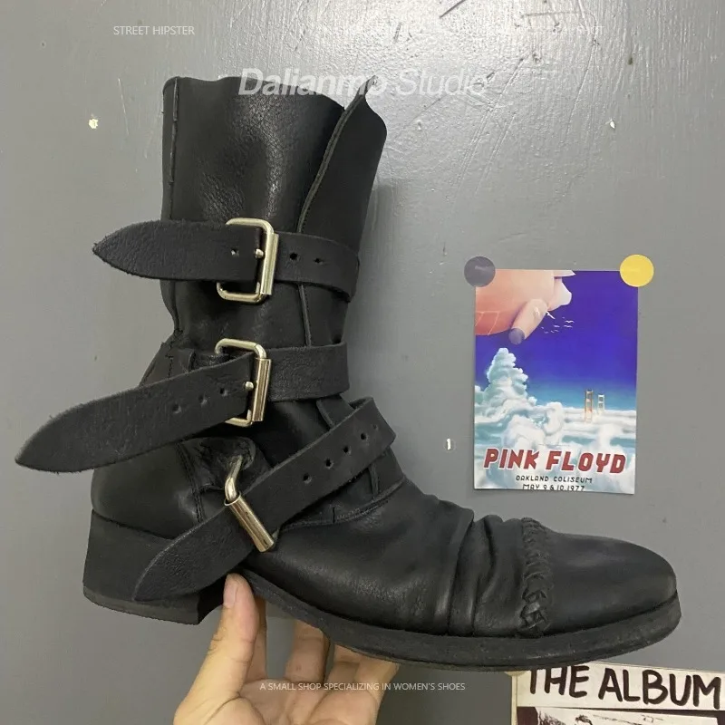 ファッションメンズ本革バイクブーツバックルストラップミッドカ - Vintage Fashion For Mens のレビューと価格