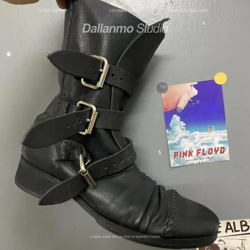 ファッションメンズ本革バイクブーツバックルストラップミッドカ - Vintage Fashion For Mens のレビューと価格
