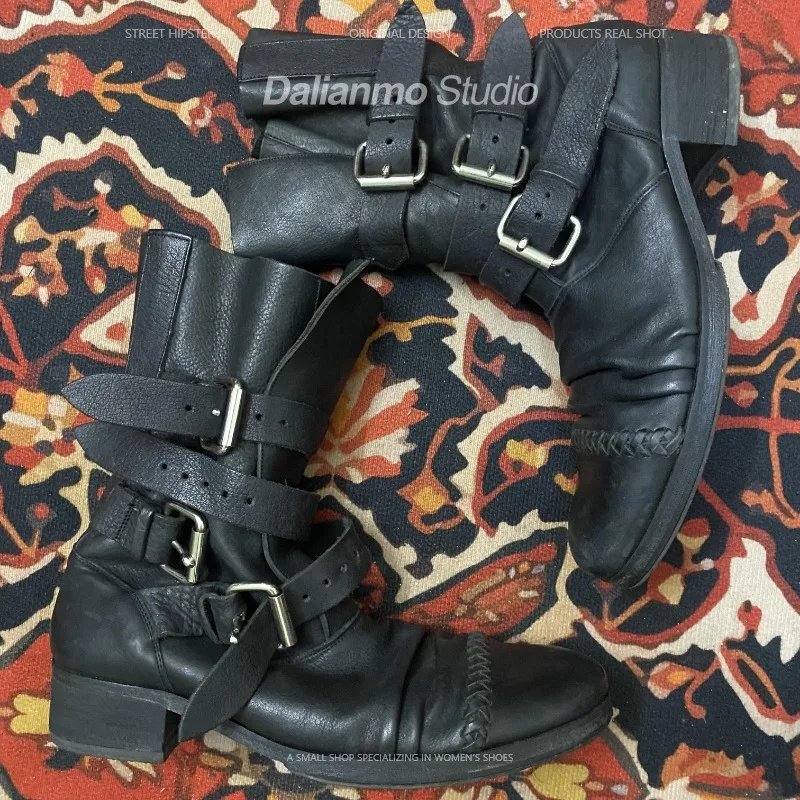 ファッションメンズ本革バイクブーツバックルストラップミッドカ - Vintage Fashion For Mens のレビューと価格