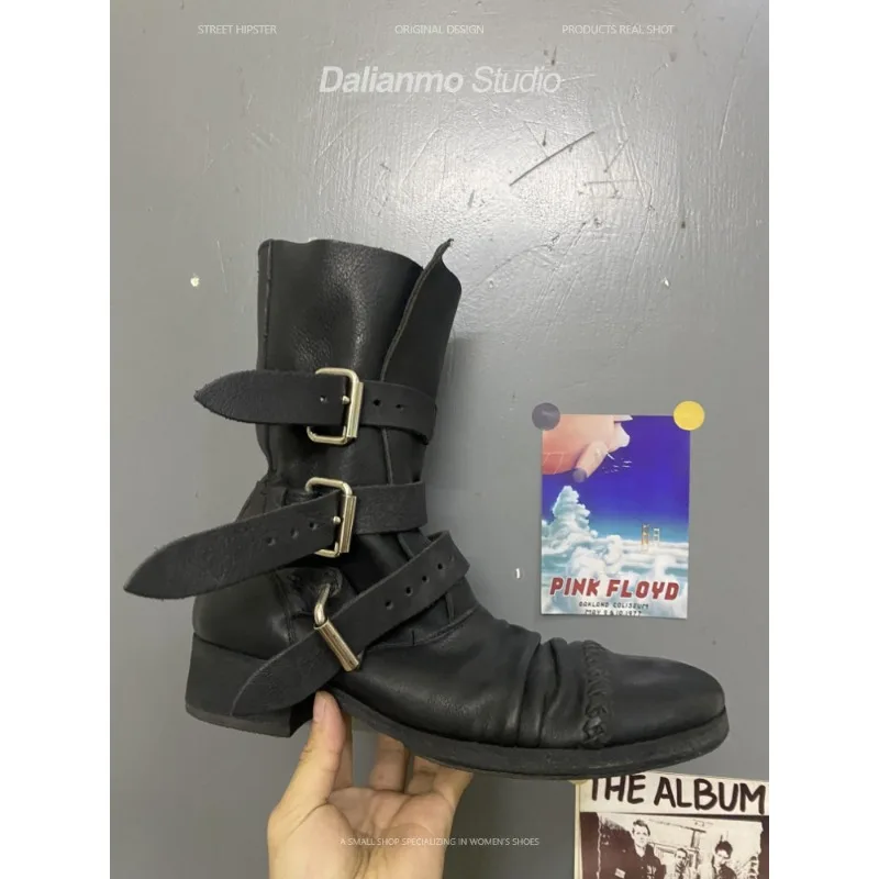 ファッションメンズ本革バイクブーツバックルストラップミッドカ - Vintage Fashion For Mens のレビューと価格
