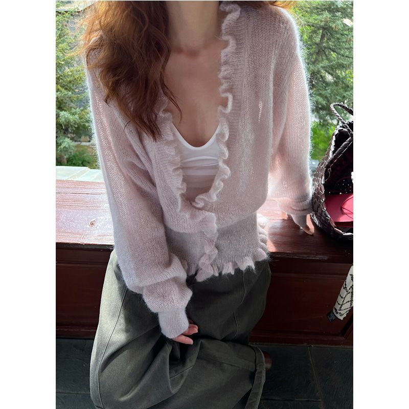 韓国風Vネックフリル付きスイート長袖カーディガン レディース - Crop Cardigan Vintage のレビューと価格