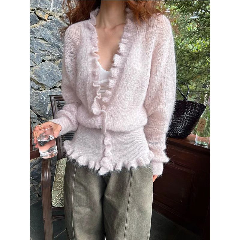 韓国風Vネックフリル付きスイート長袖カーディガン レディース - Crop Cardigan Vintage のレビューと価格