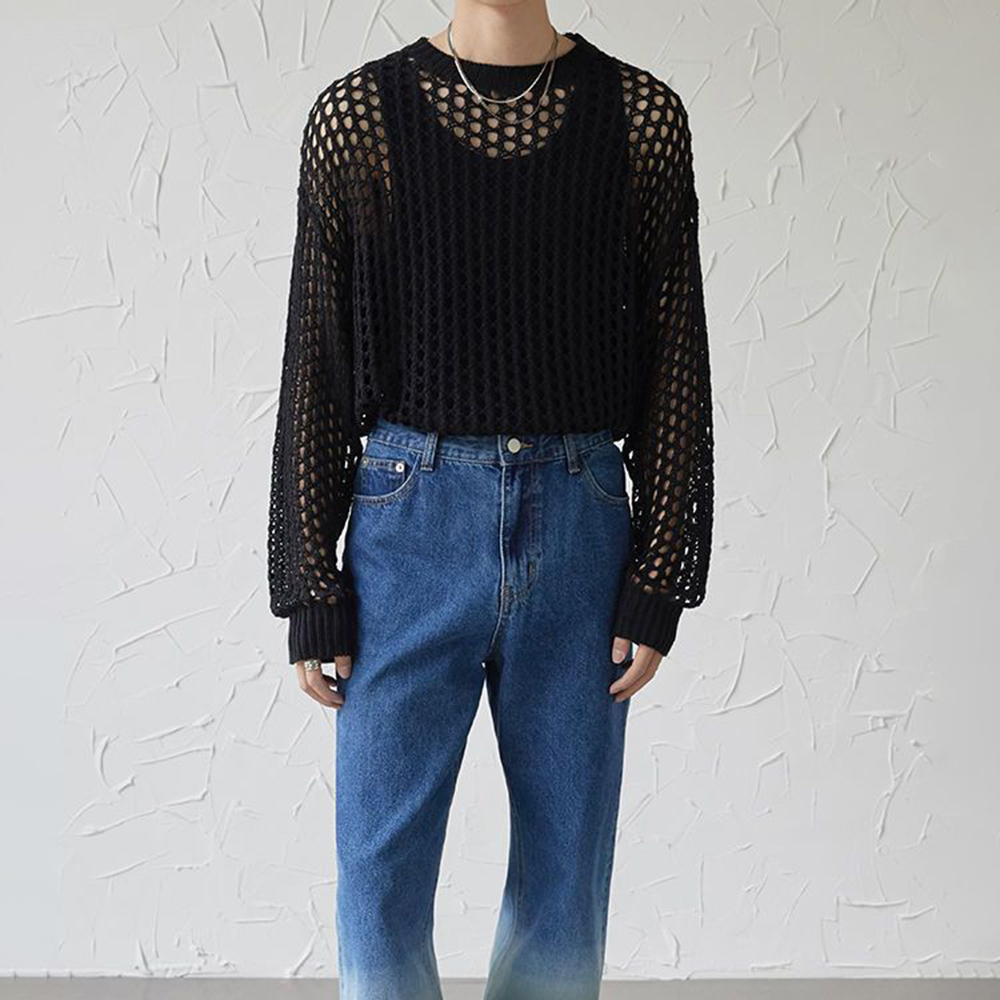 メンズ Y2k 中空アウト衣装シースルーニットシャツ 202 - Vintage Fashion Outfits Men のレビューと価格