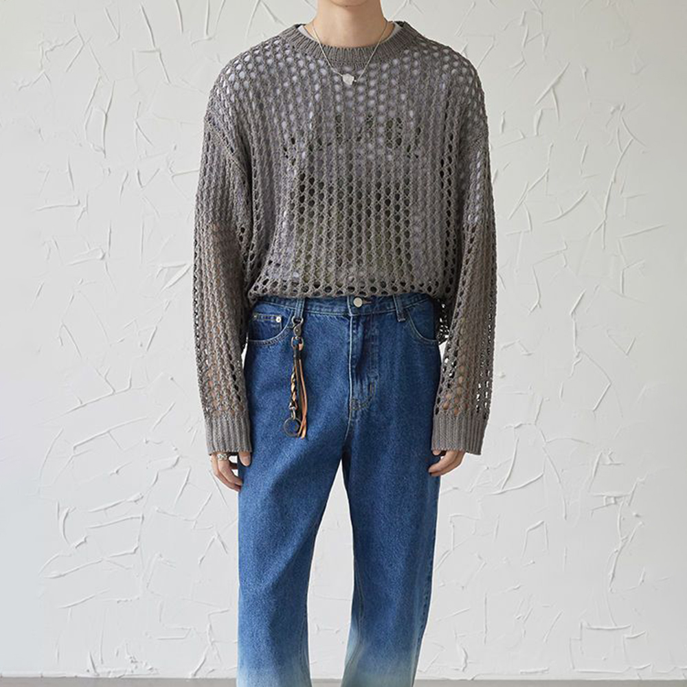 メンズ Y2k 中空アウト衣装シースルーニットシャツ 202 - Vintage Fashion Outfits Men のレビューと価格