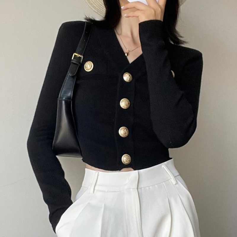 ゴールドボタンフロントニットカーディガン女性長袖クロップセー - Crop Cardigan Vintage のレビューと価格