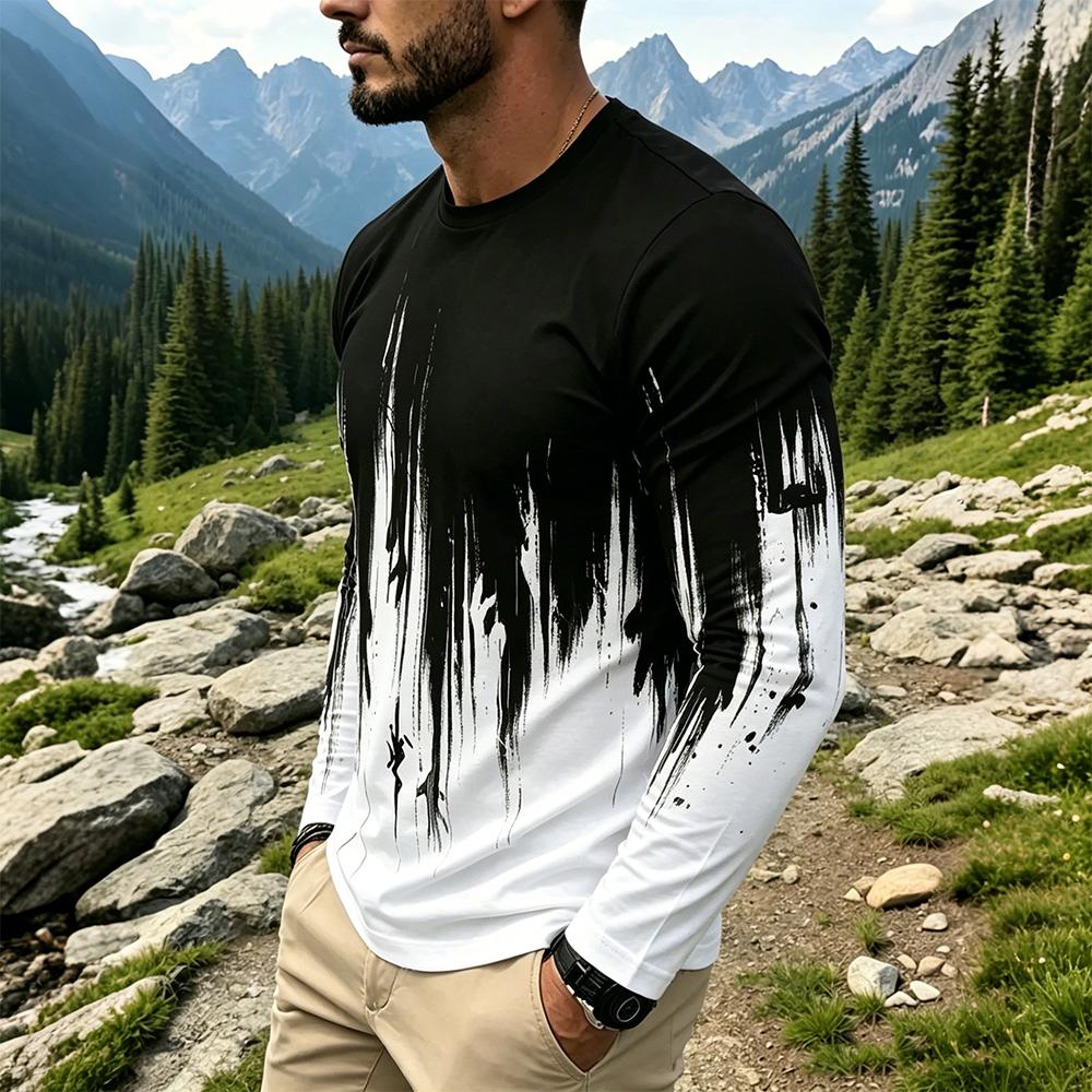 メンズグラデーションインクスプラッシュ長袖Tシャツカジュアル - Vintage Fashion For Mens のレビューと価格